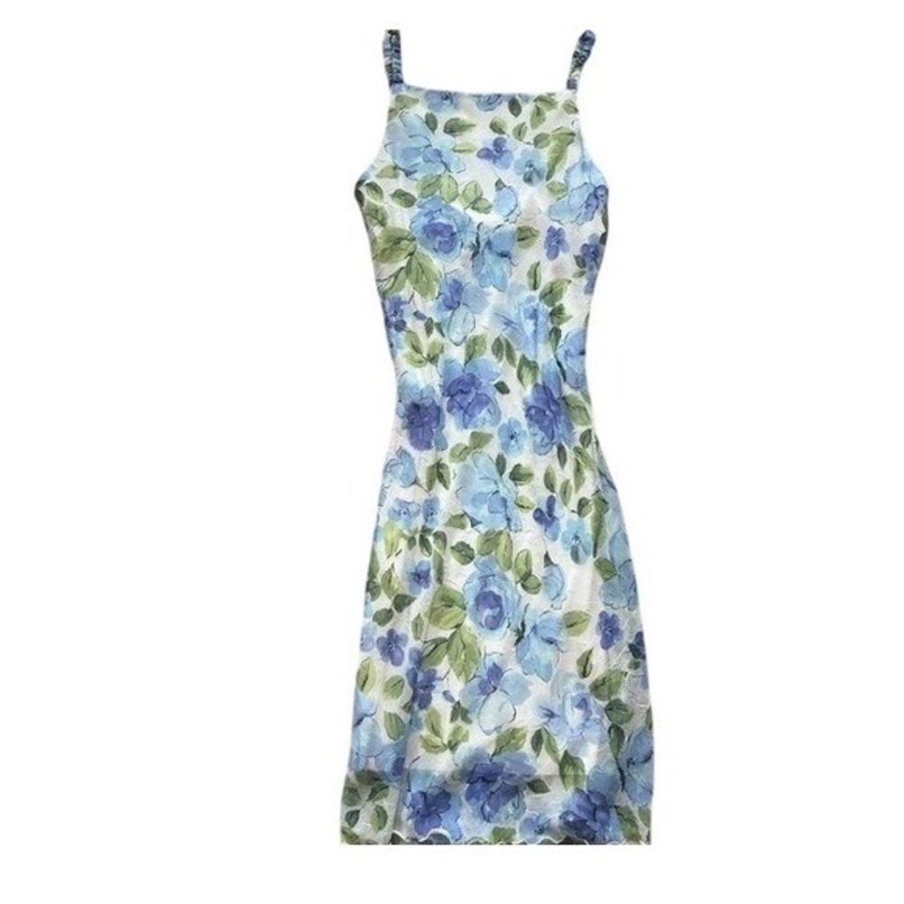 Vtg city‎ triangles floral sleeveless straight neck lettuce hem fairy dress 7